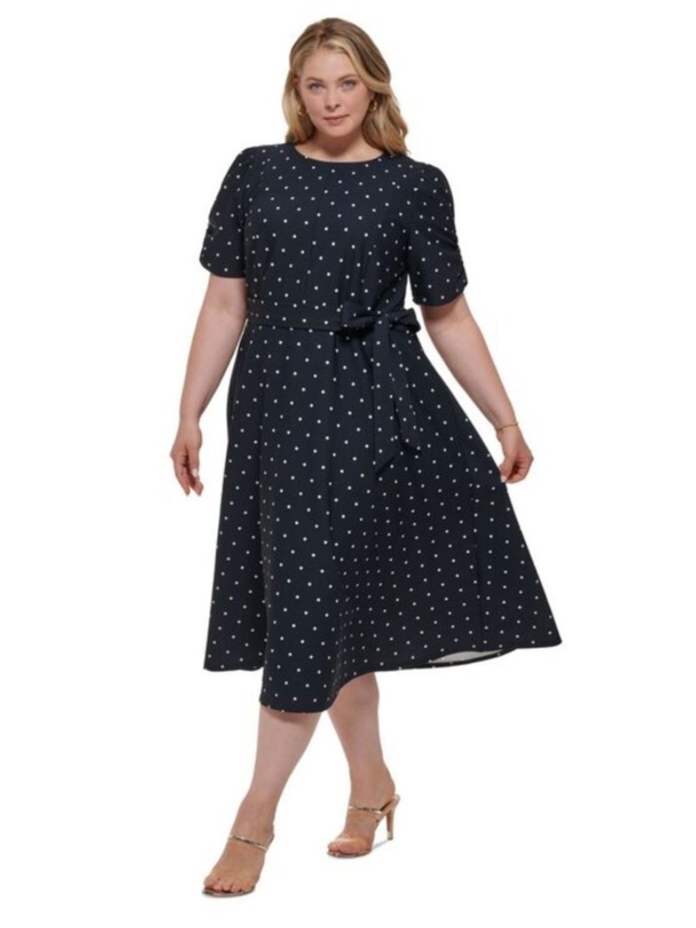 DKNY Navy Ivory Polka Dot Puff Sleeve Belted Midi Dress Size 20W NWT